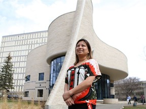 SASKATOON, SK - May 3, 2017 - CeCe Baptiste stands for a photograph in front of the Gordon Oakes Red Bear Centre on the University of Saskatchewan campus where she is highlighting one of the stops on The Art of Indigenization on Campus tour during the Jane's Walks this weekend. She will lead a walk looking at the how the University of Saskatchewan has begun to indigenize. Jane's Walks are taking place across the city -- and in cities across the country -- and they're organized walking tours that encourage people to get together and learn about their neighbourhoods. (Michelle Berg / Saskatoon StarPhoenix)