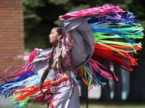 Kenna Faithful dances outside John Lake school during a day of learning about First Nations and Metis in Saskatoon on May 9, 2017.