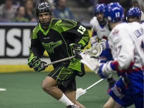 Saskatchewan's Jeff Cornwall moves the ball against Toronto Rock pursuers during a recent game.
