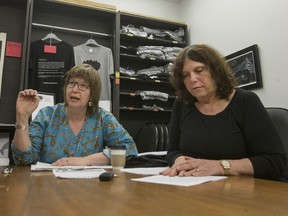 Cindy Hanson, left, and JoAnn Jaffe speak during a media event for the SAVE STC group at The Stand in Saskatoon, SK on Friday, May 12, 2017.