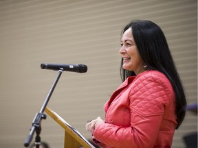 Diane Boyko, Chair of the Greater Saskatoon Catholic Schools, speaks during an event to celebrate the 10-year agreement signed with Catholic school officials, the University of Saskatchewan College of Medicine, and the Saskatoon Tribal Council at St. Mary's School in Saskatoon, SK on Friday, May 12, 2017.