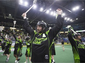 Saskatchewan Rush forward Mark Matthews celebrates after the Saskatchewan Rush wins the NLL West Division final over the Colorado Mammoth at SaskTel Centre in Saskatoon.