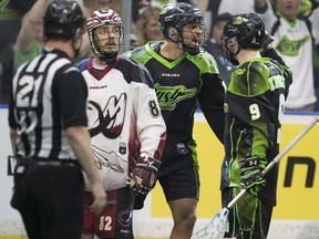 Saskatchewan's Jeff Cornwall celebrates with Curtis Knight (right) after a Saturday-night goal.