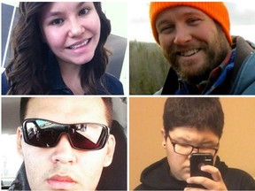 The murder victims in the Jan. 22, 2016 shooting in La Loche, Sask.: (clockwise, from top left) Marie Janvier, Adam Wood, Drayden Fontaine and Dayne Fontaine. A teen, who cannot be named under the Youth Criminal Justice Act, pleaded guilty in October to two counts of second-degree murder in the deaths of brothers Dayne and Drayden Fontaine, two counts of first-degree murder in the deaths of teacher’s aide Marie Janvier and teacher Adam Wood, and seven counts of attempted murder. His sentencing hearing is underway in Meadow Lake provincial court.