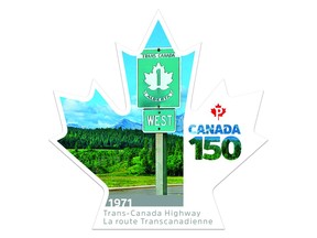 The new stamp unveiled Wednesday by Canada Post in a set of 10 that marks Canada 150 celebrations. The latest depicts the Trans-Canada Highway.
