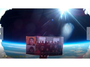 The photo taken by the camera included in the payload of James Stone's Grade 6 class' helium balloon. The camera was aimed at the class photo, with photos of the students who joined the class mid-year attached. The photo was taken when the balloon reached its maximum height. Uploaded May 16, 2017. Courtesy of James Stone.