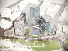 This rendering shows revised plans for office towers that would be part of a major development on Parcel Y at River Landing in Saskatoon. The big proposed change would be the 22-storey office tower at Second Avenue South and 19th Street East. (Triovest Realty Advisors Inc.) March 23, 2016