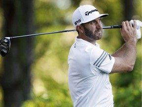 Dustin Johnson plays his shot from the the fourth tee during the Pro-Am for the Wells Fargo Championship at Eagle Point Golf Club on May 3, 2017 in Wilmington, North Carolina.