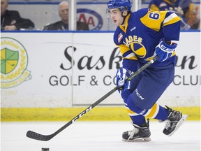 Saskatoon Blades forward Josh Paterson moves the puck against the Brandon Wheat Kings at the SaskTel Centre in Saskatoon.