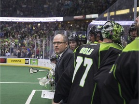 Saskatchewan Rush fans celebrate after a goal is scored against the Georgia Swarm during Game 2 of the Champion's Cup series at SaskTel Centre in Saskatoon