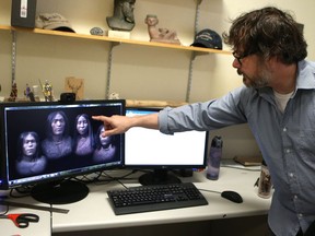 Dr. Terence Clark, University of Saskatchewan Archeology professor who recently contributed a new exhibit to the Canadian Museum of History after leading a dig of an ancient burial ground of the shíshálh people, shows the artistic rendering of the shíshálh people on his computer in Saskatoon on June 13, 2017.