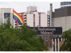 SASKATOON, SK - June 14, 2017 - The pride flags blows in the wind above the Saskatoon Shines sign in Saskatoon on June 14, 2017. (Michelle Berg / Saskatoon StarPhoenix)
Michelle Berg