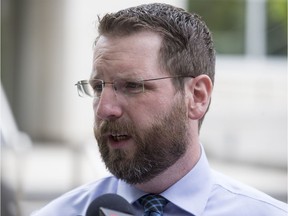 Prairie Director of the Canadian Taxpayers Federation Todd MacKay speaks to media out side the Saskatoon Courts Queen's Bench in Saskatoon, Sask. on Friday, June 16, 2017.