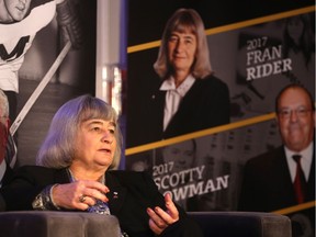 Fran Rider, one of the 2017 Distinguished Honourees of the Order of Hockey in Canada answers media questions at the Sheraton Cavalier in Saskatoon on June 19, 2017.