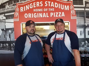 George Liakapoulos and Tony Antoniadis at their west-side location of Ringers Pizza. (Photo by John Grainger)