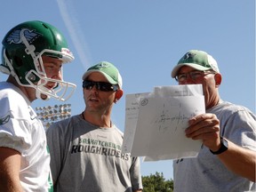 The last CFL training camp for Jerry Friesen, right, came back in 2011 when he was a special teams coach for the Saskatchewan Roughriders. He's shown here with former Rider kicker Chris Milo and assistant coach Craig Dickenson.