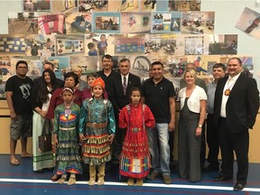 Saskatchewan Education Minister Don Morgan, centre, at a Following Their Voices funding announcement at the Sturgeon Lake Central School on the Sturgeon Lake First Nation on Thursday, June 8, 2017. Morgan was on hand with community members, school officials and representatives from Indigenous and Northern Affairs Canada to mark a $3 million funding announcement from the federal government over the next three years to support the Following Their Voices initiative. (Supplied/Government of Saskatchewan)