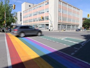 The crosswalk on 4th Avenue and 23rd street is painted for pride week in Saskatoon.