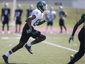 Saskatchewan Roughriders receiver Duron Carter runs down the field during practice at this years Training Camp held at Griffith Stadium in Saskatoon, SK on Thursday, June 1, 2017.