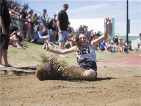 Jadaeya Morrell from Kerrobert competes in Girls Long Jump during the Saskatchewan Provincial Track and Field Championships held at Griffiths Stadium in Saskatoon on June 3, 2017.