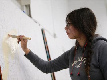 Tonia Bird works on a mini mural inspired by Emily Carr in January.