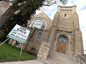A for sale sign in front of the Third Avenue United Church in Saskatoon on May 9, 2017.