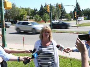 Celene Anger, Director of Construction & Design, informs media about the major improvements which will start July 6 at the intersection at Taylor Street and Preston Avenue in Saskatoon on July 4 2017.