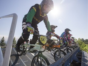 Local BMX riders from Saskatoon, who are headed to the world BMX championships later this year, practise at the Globe BMX Raceway near Lakewood Civic Centre in Saskatoon, SK on Thursday, July 13, 2017. (Saskatoon StarPhoenix/Liam Richards)
