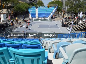 The court for the FIBA 3x3 basketball tournament is set up on the streets in Saskatoon's downtown core and is almost ready for the crowd on July 14, 2017.