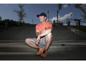 Theo Fleury at the first stop of his 2017 Victor Walk, during a rally in support of victims of childhood sexual abuse at the River Landing Amphitheatre on July 18, 2017.