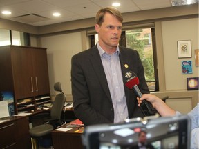 Saskatoon Mayor Charlie Clark, speaks with member of the media about crime statistics released by Statistics Canada in his office on Monday, July 24, 2017. He hopes the Government of Saskatchewan fixes vulnerabilities in its survey on recreational marijuana after it was determined the survey can be accessed by people across Canada and potentially around the globe.