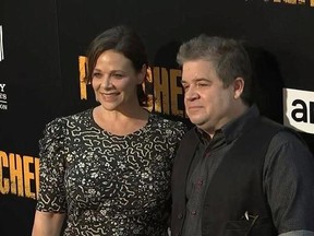 FILE - In this June 20, 2017, file image taken from video, Meredith Salenger, left, and Patton Oswalt arrive at the premiere of AMC&#039;s &ampquot;The Preacher,&ampquot; in Los Angeles. Oswalt is defending his engagement to Salenger from online critics who say the comedian is getting married too soon after his wife&#039;s death last year. THE CANADIAN PRESS/AP-Jeff Turner