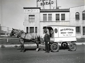 A horse-drawn delivery wagon at McGavin's Bakery (now Earl's restaurant), circa 1930s. The photo appears on the cover for Amy Jo Ehman's new book.