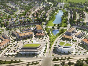 This artist's rendering shows an aerial view of Dream Development's Brighton Village concept that will be considered by Saskatoon city council at a public hearing meeting on Wednesday, July 26, 2017. (City of Saskatoon)