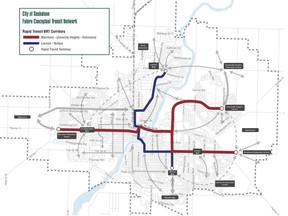 This graphic from Saskatoon's growth plan shows the proposed routes for a bus rapid transit system. (City of Saskatoon)