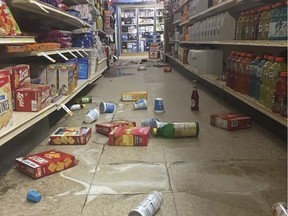 In this image provided by KTVH-TV, groceries litter the floor at the D&D Foodtown in Lincoln, Mont., after a series of earthquakes Thursday, July 6, 2017. The U.S. Geological Survey received reports from people who felt the quake throughout Montana and into Idaho, Washington, Wyoming and Canada. There were no reports of injuries. (Mikenzie Frost/KTVH-TV via AP)