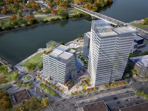 This artist's rendering shows the condominium-hotel-office development planned for Parcel Y at River Landing in Saskatoon. (Triovest Realty Advisers Inc.)