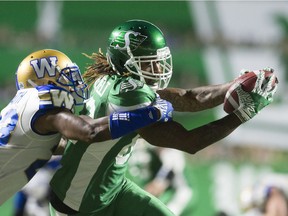 Saskatchewan Roughriders receiver Naaman Roosevelt catches a touchdown pass that helped to send Saturday's game into overtime.