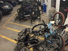 Saskatoon police provided this photo, taken on police property, of about 40 bicycles and 40 to 50 wheels and tires that officers recovered at a home on Avenue J on July 8, 2016.