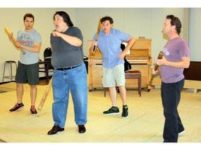 (L-R) Felix LeBlanc, Jonathan Bruce, Leon Willey and Neil Miner rehearse for Tent Meeting, Rosthern Station Arts Centre's summer production directed by Johnna Wright. The show promises colourful characters and toe-tapping gospel music. It runs July 7 to Aug. 6. Tickets 306.232.5332 or stationarts.com