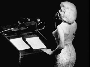 Actress Marilyn Monroe sings "Happy Birthday" to President John F. Kennedy at Madison Square Garden, for his 45th birthday.