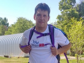 Greg Shwaga gears up in his hometown of Vanguard, Saskatchewan to practice for his cross-province walk to raise awareness for Huntington's Disease. Photo provided July 6, 2017. (Supplied/Photo courtesy of Greg Shwaga)