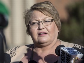 FSIN Vice Chief Heather Bear speaks to media outside of North Battleford provincial court on April 6, 2017.