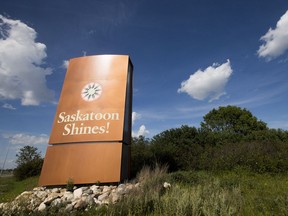A City of Saskatoon administration report recommends that plans for four more Saskatoon Shines entrance signs along highways entering the city should be scrapped due to rising costs. This sign, erected in 2006 along Highway 11 south of Saskatoon, is seen on Thursday, August 10, 2017.