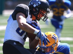 Saskatoon Hilltops linebacker Cody Peters helped take down the Winnipeg Rifles in PFC action Sunday