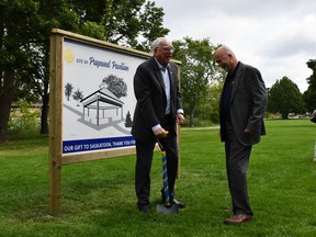 Rotary International president Ian Riseley (left) and Rotary Club of Saskatoon president Mark Gryba (right) break ground on a new gazebo to celebrate the local club's 100th birthday in the city on Tuesday, August 15th, 2017.