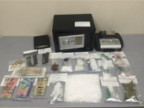 The drugs and paraphernalia seized during a search of a home in Warman following a methamphetamine trafficking investigation in Saskatoon.