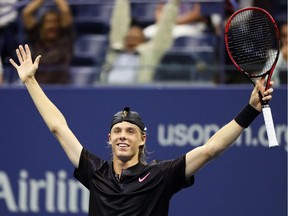 Denis Shapovalov of Canada celebrates defeating Jo-Wilfried Tsonga of France during their second round Men's Second match on Day Three of the 2017 US Open at the USTA Billie Jean King National Tennis Center on Aug. 30, 2017.