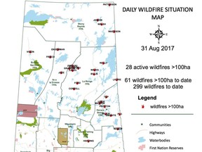 A map of active fires as of August 31, as seen on the Saskatchewan government website.