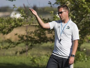 Bryce Chapman, head coach of the University of Saskatchewan men's soccer program with instructions for a drill during practice, August 25, 2016. (Gord Waldner/The Saskatoon StarPhoenix)